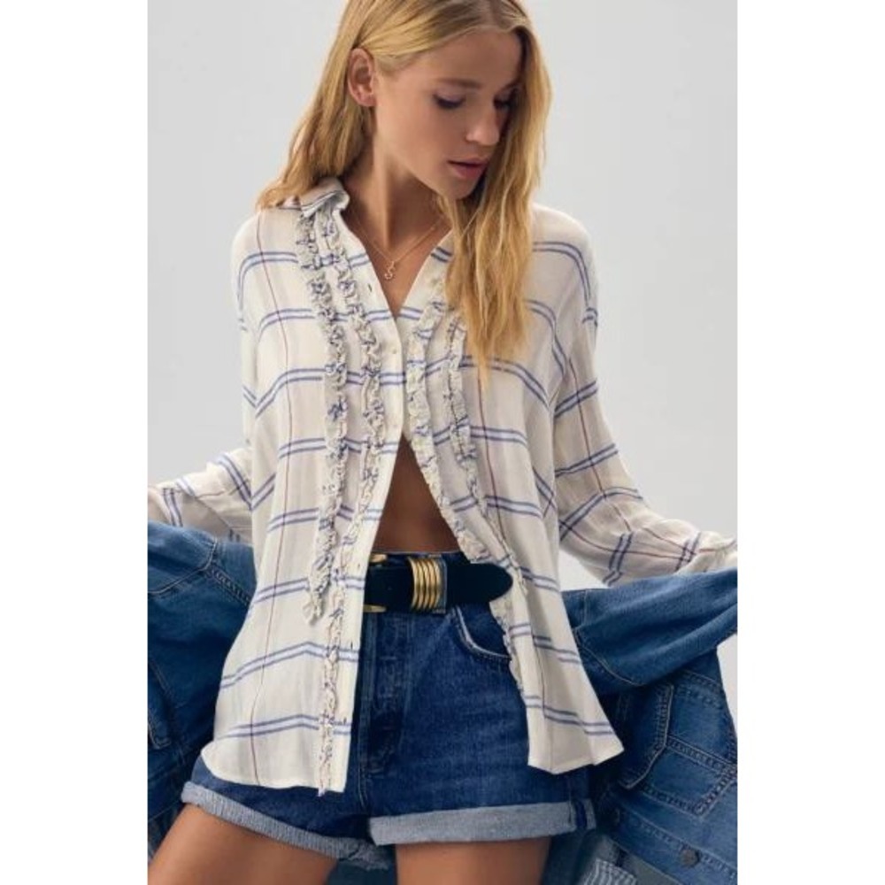 Pilcro Button Down Shirt Womens Large White Blue Plaid Ruffle Trim Viscose Wool